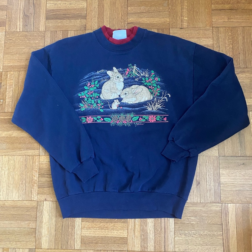 Vintage Mock Neck Layered Bunny Mouse Nature Sweatshirt Navy Jerzees Womens L